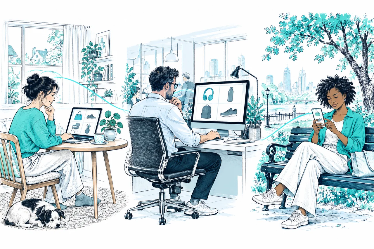 Ilustración de personas comprando online desde una casa, una oficina y un banco en un espacio público, con computadora y teléfono.