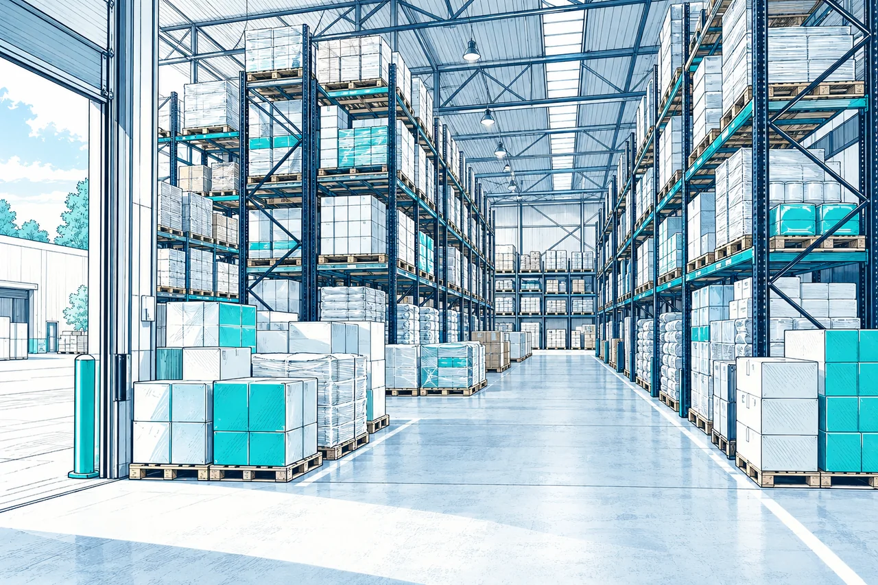 Ilustración del interior de un depósito con estanterías altas, productos embalados y pallets de cajas.