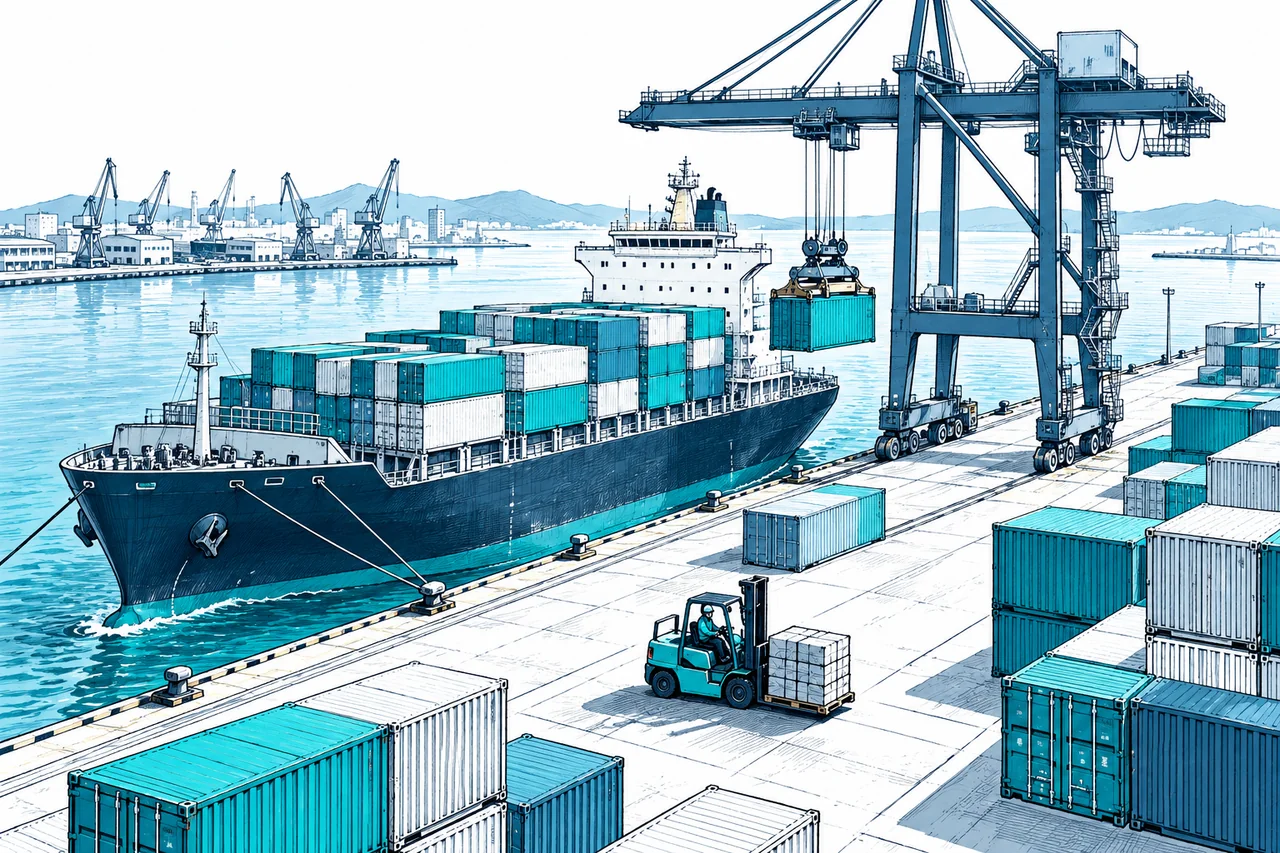 Ilustración de un puerto con barco carguero, grúa descargando un contenedor y autoelevador en el muelle.